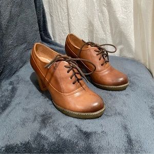 Brown leather lace up block heel Oxford shoes high heel booties Size 235 US 6.5